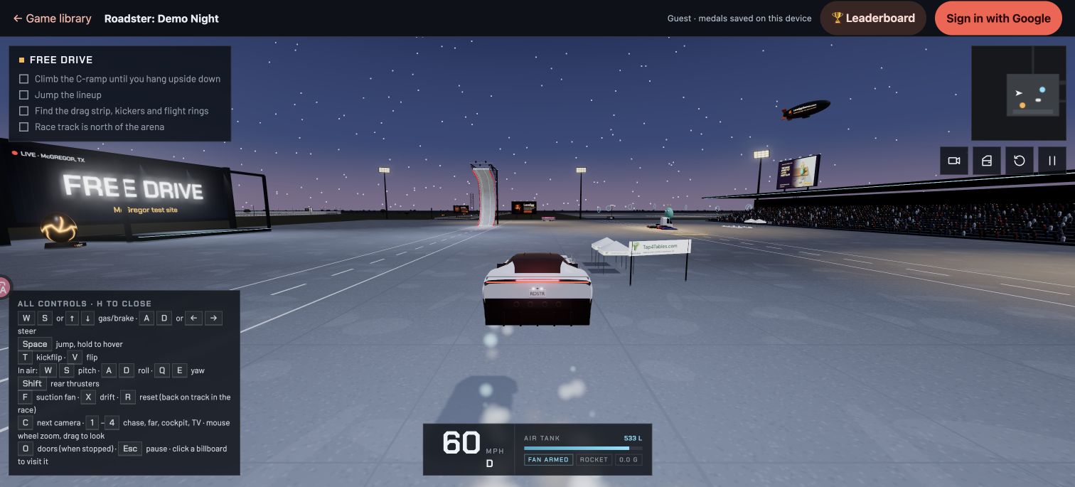 Roadster: Demo Night — C-ramp climbs and kickflip challenges.