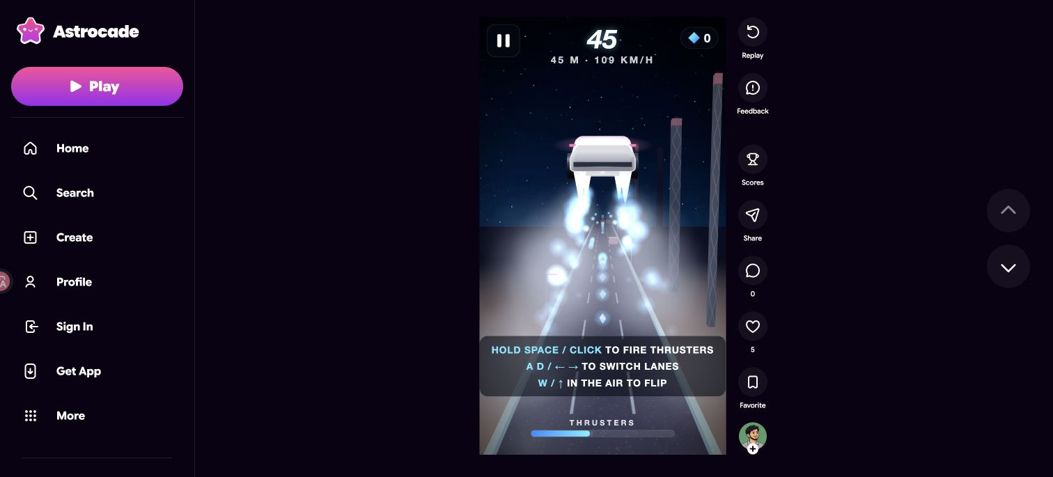 Flying Roadster: Thruster Rush — Hold to thrust. Switch lanes and try flips.