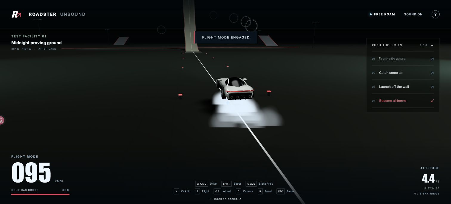 Roadster Unbound — Launch up the wall and fly through sky rings.