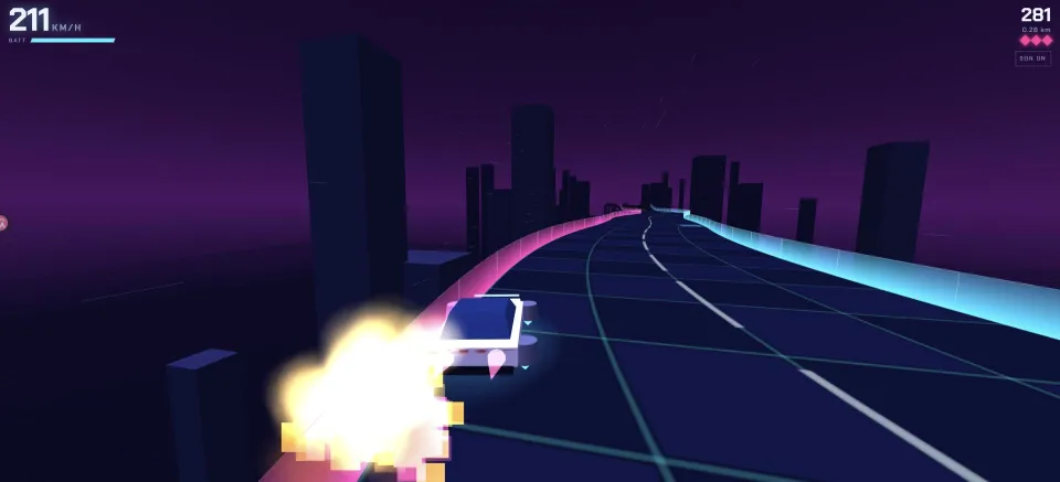 Thruster Run: driving and thrust on a neon elevated road