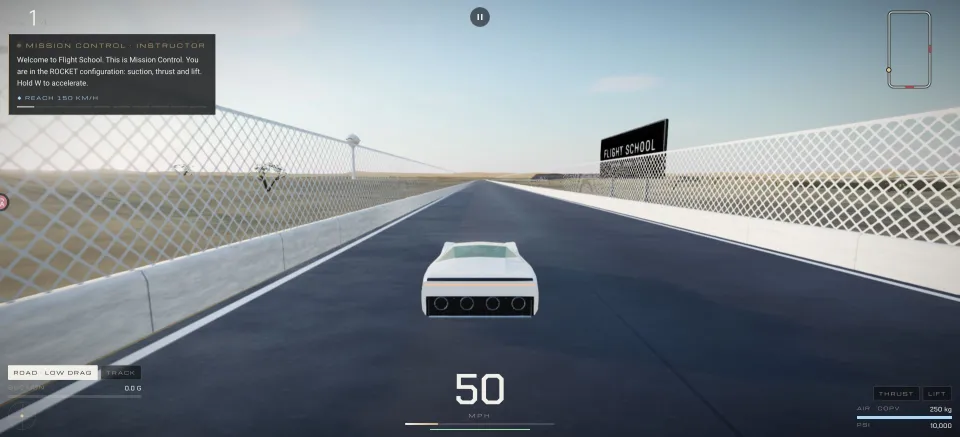 Roadster Liftoff: accelerating on the fenced Flight School track