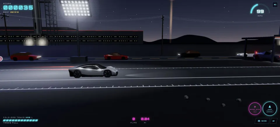 Roadster Run: side-view driving on a night road