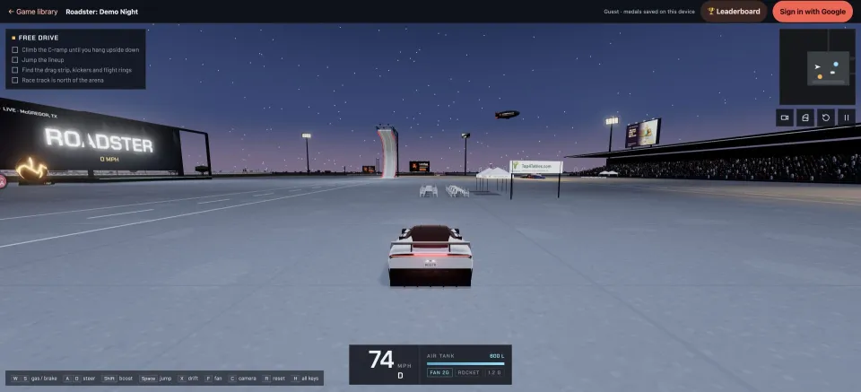 Roadster: Demo Night: driving through a night test ground in Free Drive