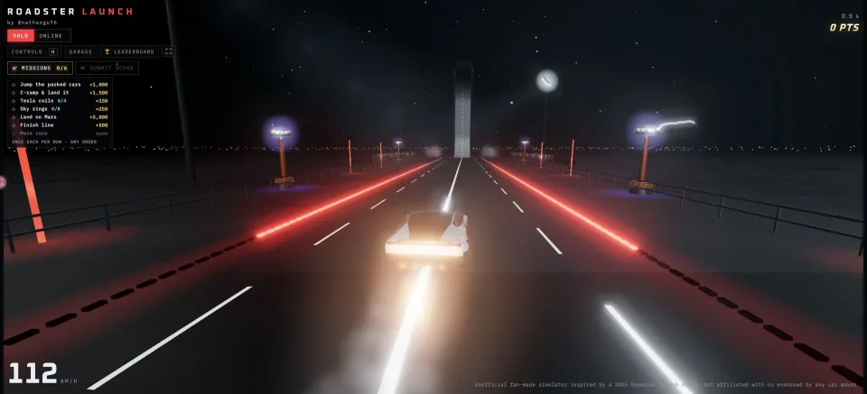 Roadster Launch: driving after restart on a test track with coils and a C-shaped ramp